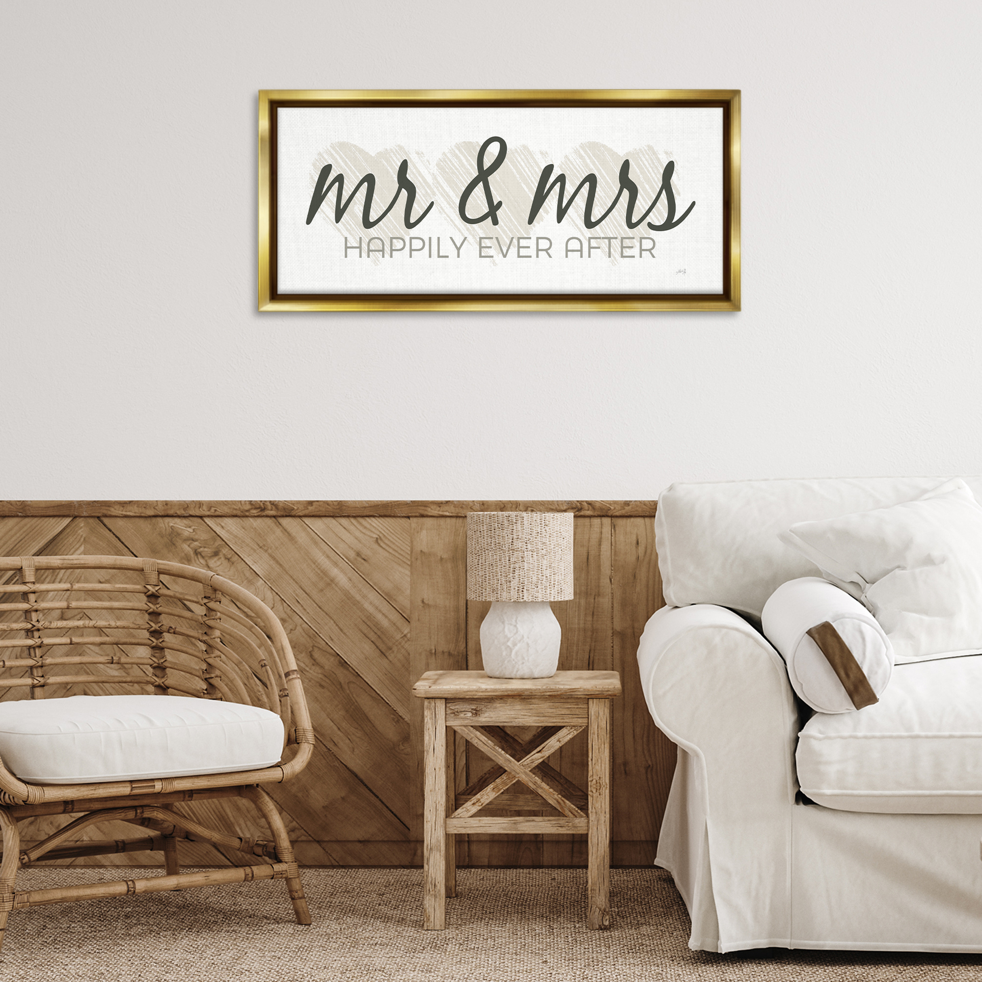 Stupell Industries Romantic Mr & Mrs Typography Painting Gold Floater Framed Art Print Wall Art, 31 x 14