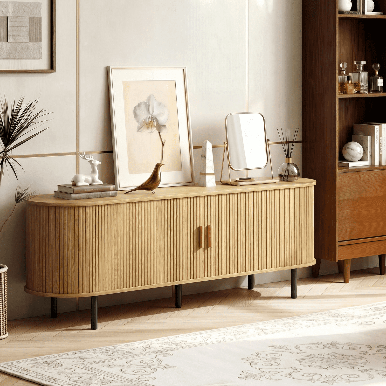 ROGALIS 63 Inch TV Stand with Built-in Power Outlet, Compatible with TVs Up to 70 Inches, Modern Entertainment Center with Adjustable Shelves, Storage Space, and Sliding Doors, Oak