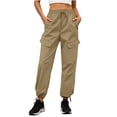 thumbnail image 2 of Cagogo Women's Cargo Pants with Pockets Drawstring Casual Loose Long Tapered Pants Streetwear Solid Trousers for Party Office Travel, Khaki M, 2 of 6