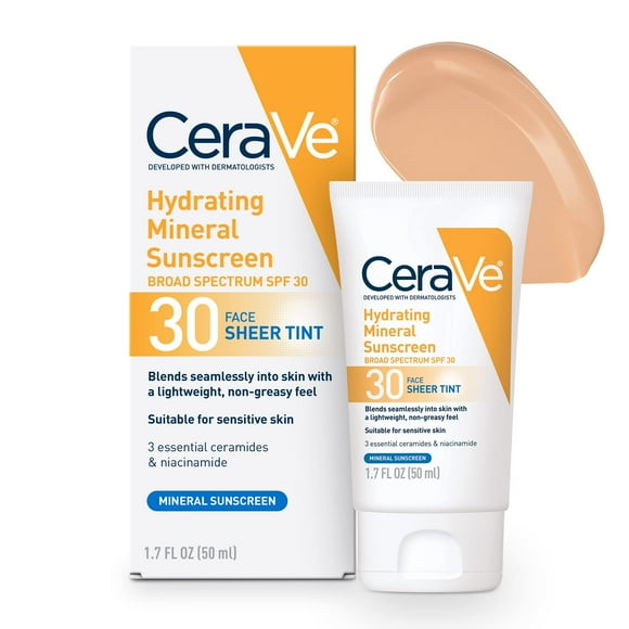 CeraVe Hydrating Mineral Sunscreen, Sheer Tint Facial SPF 30, 1.7 fl oz.