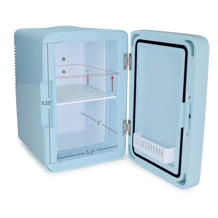 IONCHILL PERSONAL 6 CAN CHILLER LED LIGHTED MINI FRIDGE WITH MIRROR DOOR, BLUE