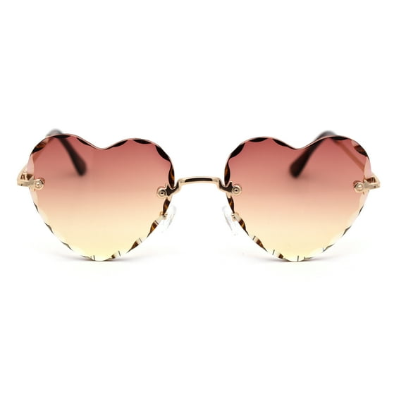 Womens Floral Petal Bevel Lens Rimless Heart Shape Sunglasses Gold Brown Yellow