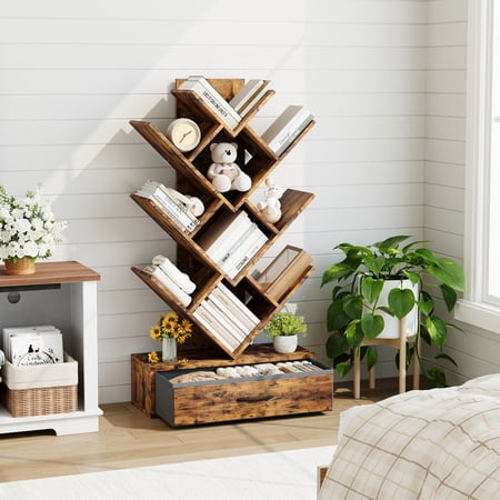 Tree-Shaped Bookshelf with Drawer 9-Tier Rustic Wood Storage Organizer Freestanding Bookcase for Bedroom Living Room Home Office