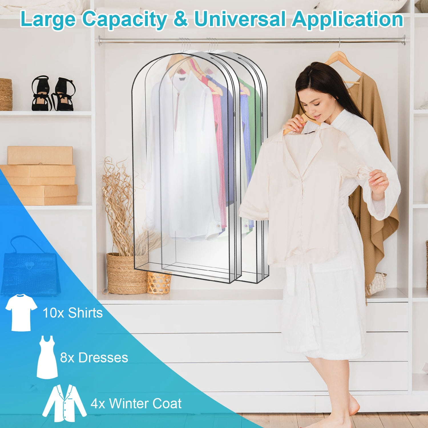 Clear Garment Bags for Hanging Clothes 5 Pack 60" Suit Bags for Closet Storage Plastic Dustproof Suit Cover Bags Clothes Protectors Bag with Zipper for Coats Jackets Shirts L Size