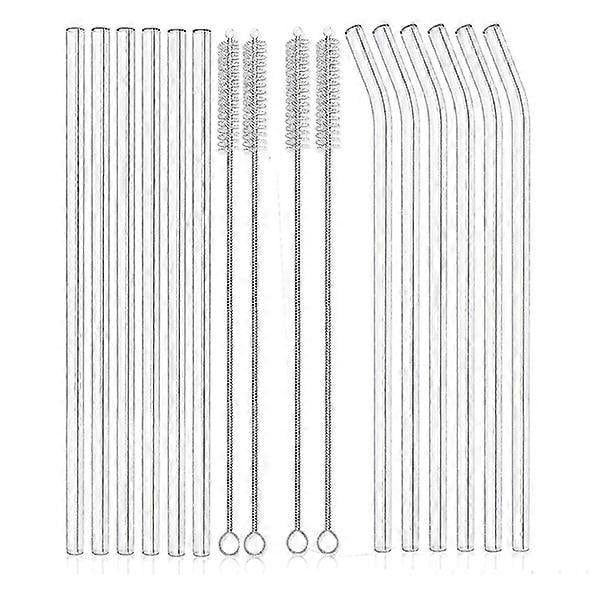 12 pcs Reusable Glass Straws in Clear Glass, Shockproof, 6 Straight and 6 Bent with 4 Cleaning Brushes