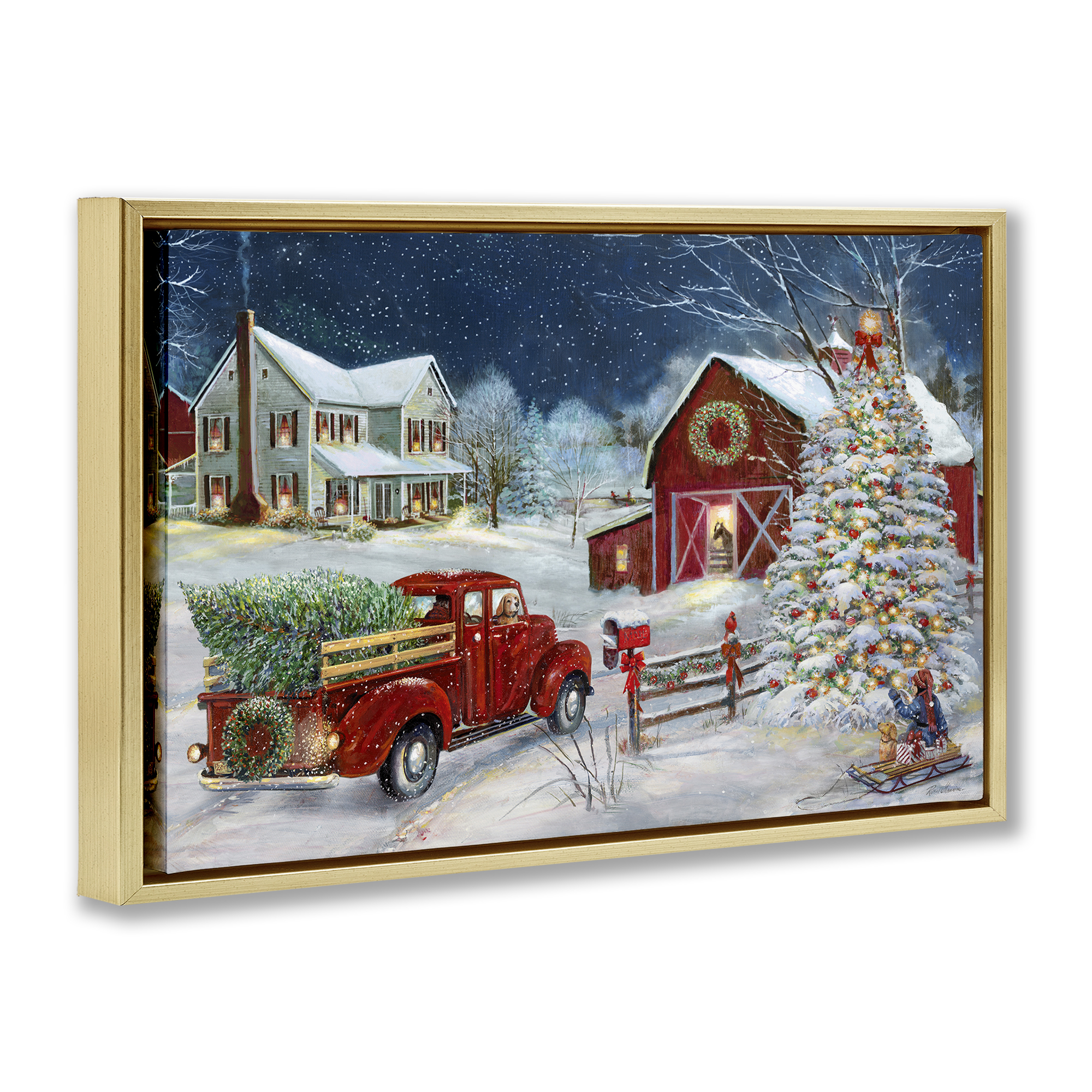 Stupell Industries Snowy Winter Farmhouse Holiday Painting Gold Floater Framed Canvas Art Prints Wall Art, 31 x 21