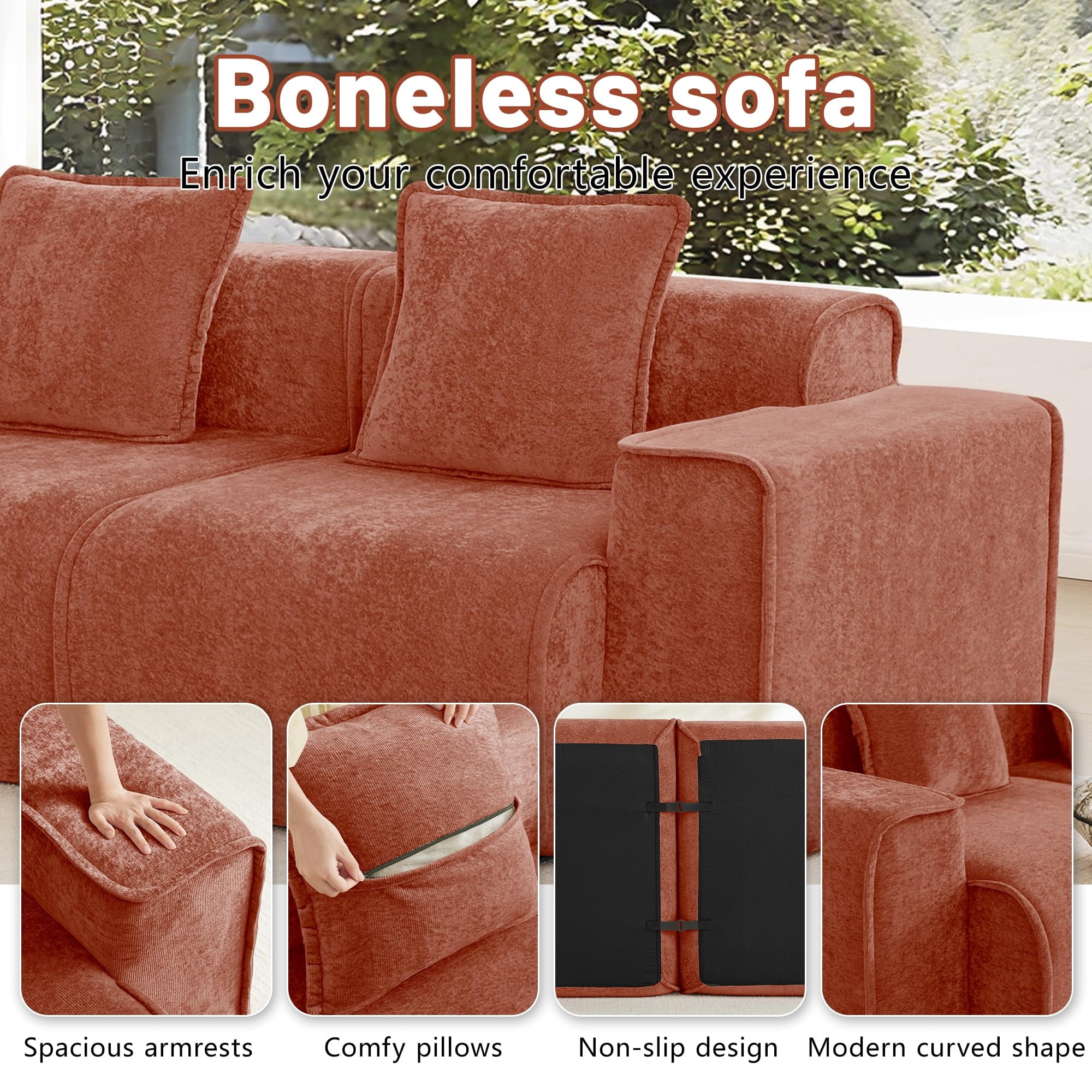 Aukfa 79" Boneless Couch Deep Seat Loveseat Cloud Sofa for Living Room Bedroom, 2 Pillows, Velvet, Terracotta