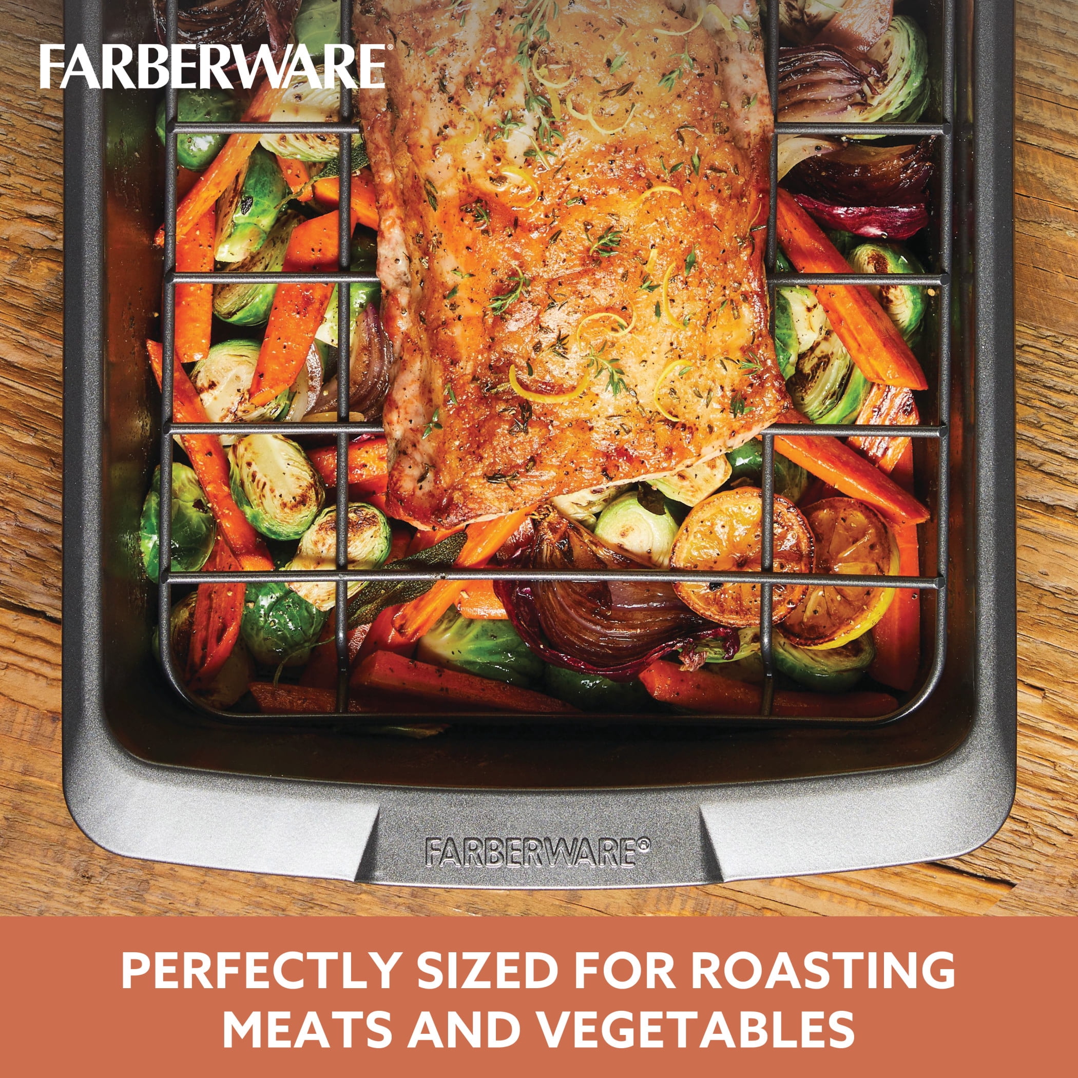 Farberware Bakeware 14.75 x 10.75 Inch Nonstick Roaster with U-Rack, Dishwasher Safe and Oven Safe to 450°F, Gray