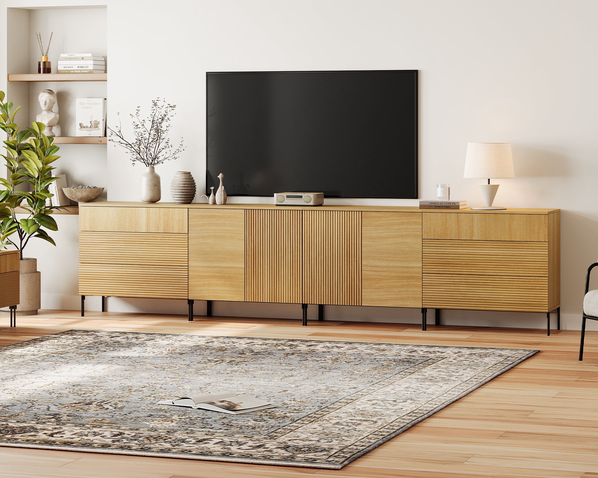 94.5" Reeded Accent Cabinet Set with Doors and Adjustable Shelves, Modern Credenza Storage Cabinet with Charging Station for Living Room, Kitchen, Dining Room, Hallway