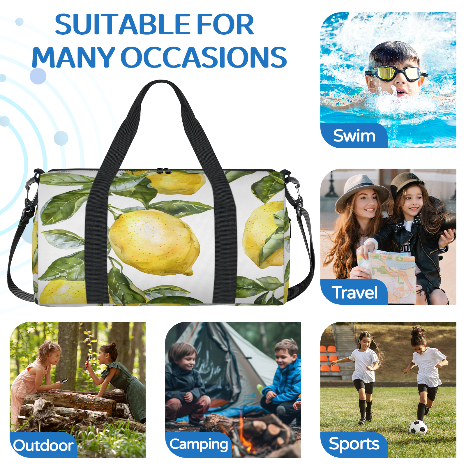 Herdesigns Lemon Fruit Gym Bag for Women, Duffle Bag for Travel Sport, Lightweight Waterproof Carry on Weekender Overnight Dance Yoga Workout Bags