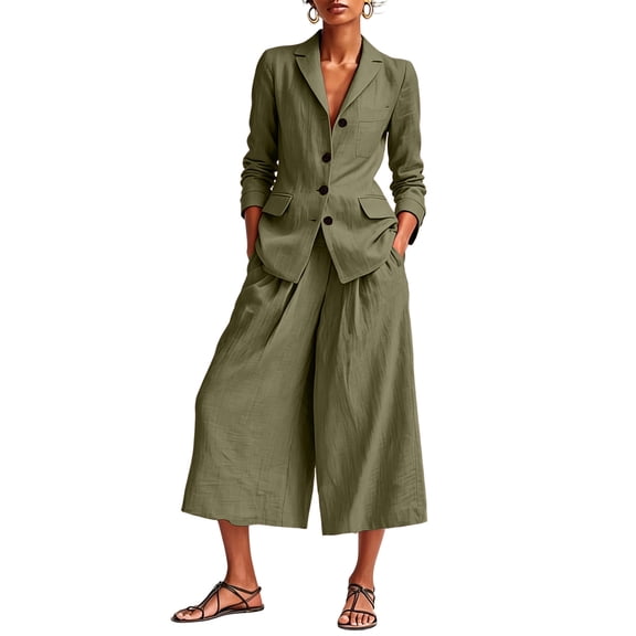 ibuvkizy Women's 2 Piece Linen Blend Suit Set,Notched Lapel Button Blazer Jacket Long Sleeve and Elastic Waist Wide Leg Cropped Culotte Pants with Pockets,Office Minimalist Business Casual Outfit