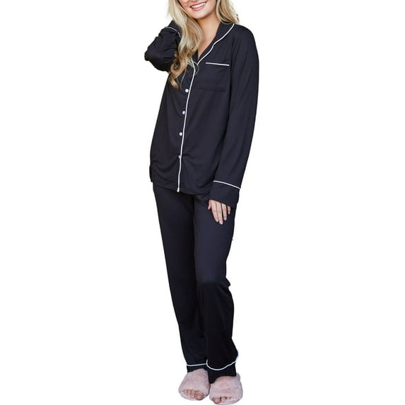 Doublju Women's Long Sleeve Button Down Pajama Sleepwear 2 pcs Set (Plus Size Available)