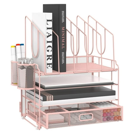 4-Tier Mesh Desk Organizer with Drawer  Desktop Organizer with 5 Vertical File Holders and 2 File Organizer for Desk Multifunction Office Desk Accessories Pink