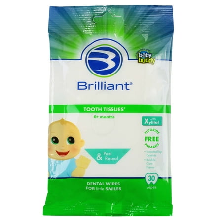 Brilliant Tooth Tissues with Xylitol - Bubble Gum Flavor Teeth Wipes for Babies and Toddlers - Kids Love Them, 30 Count