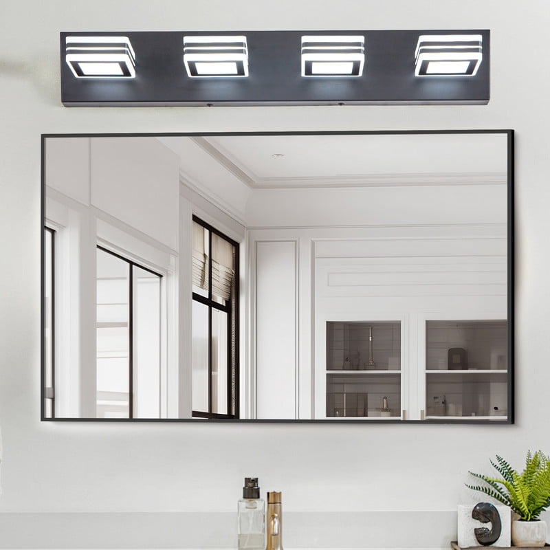 26" Modern 4 Light LED Vanity Light, Black Bathroom Light Fixture Over Mirror with Square Acrylic Shades, Wall Mounted Bathroom Lighting for Makeup, Bedroom, Powder Room
