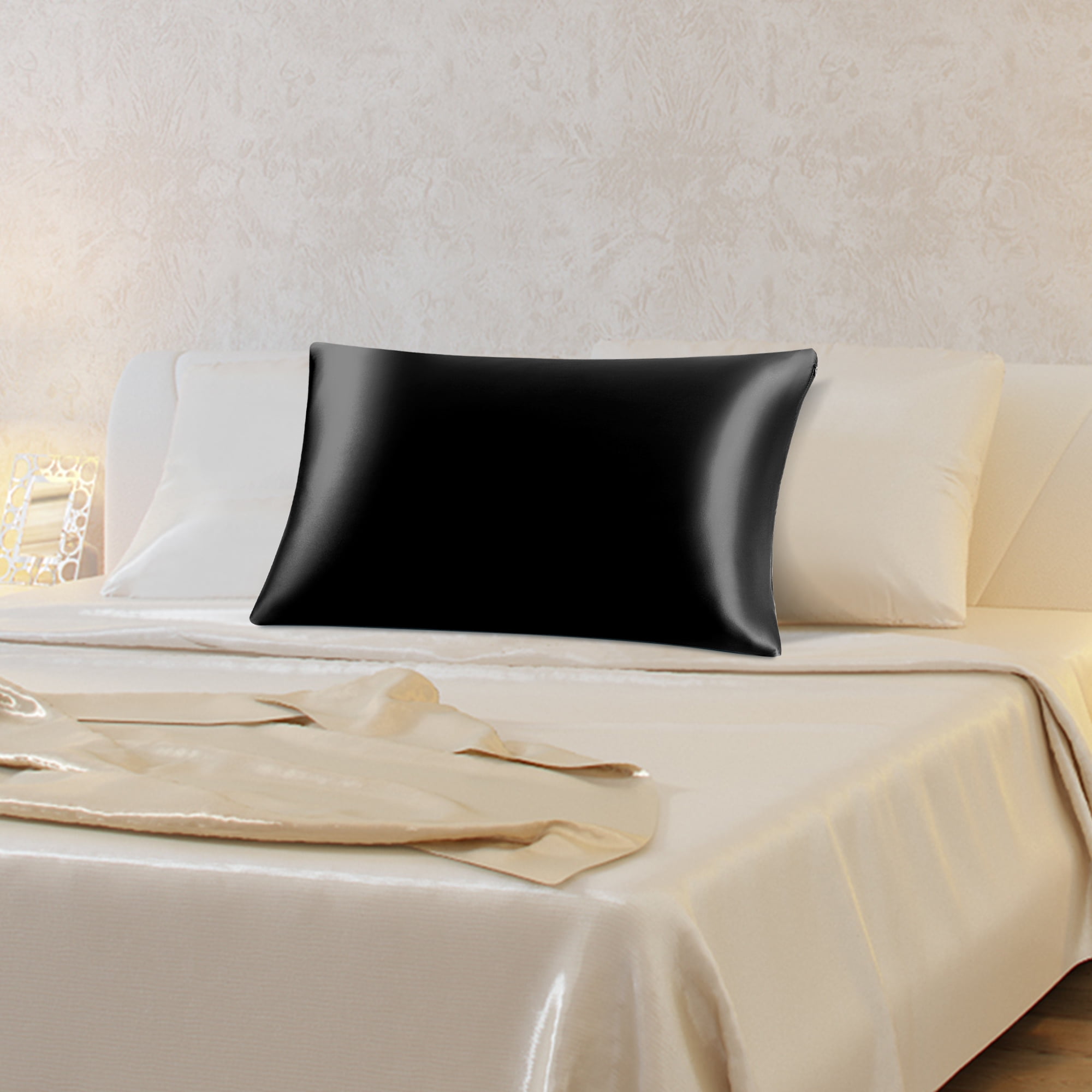 PiccoCasa 1 Pack 19mm Silk Pillowcase for Hair and Skin with Zipper Standard Black