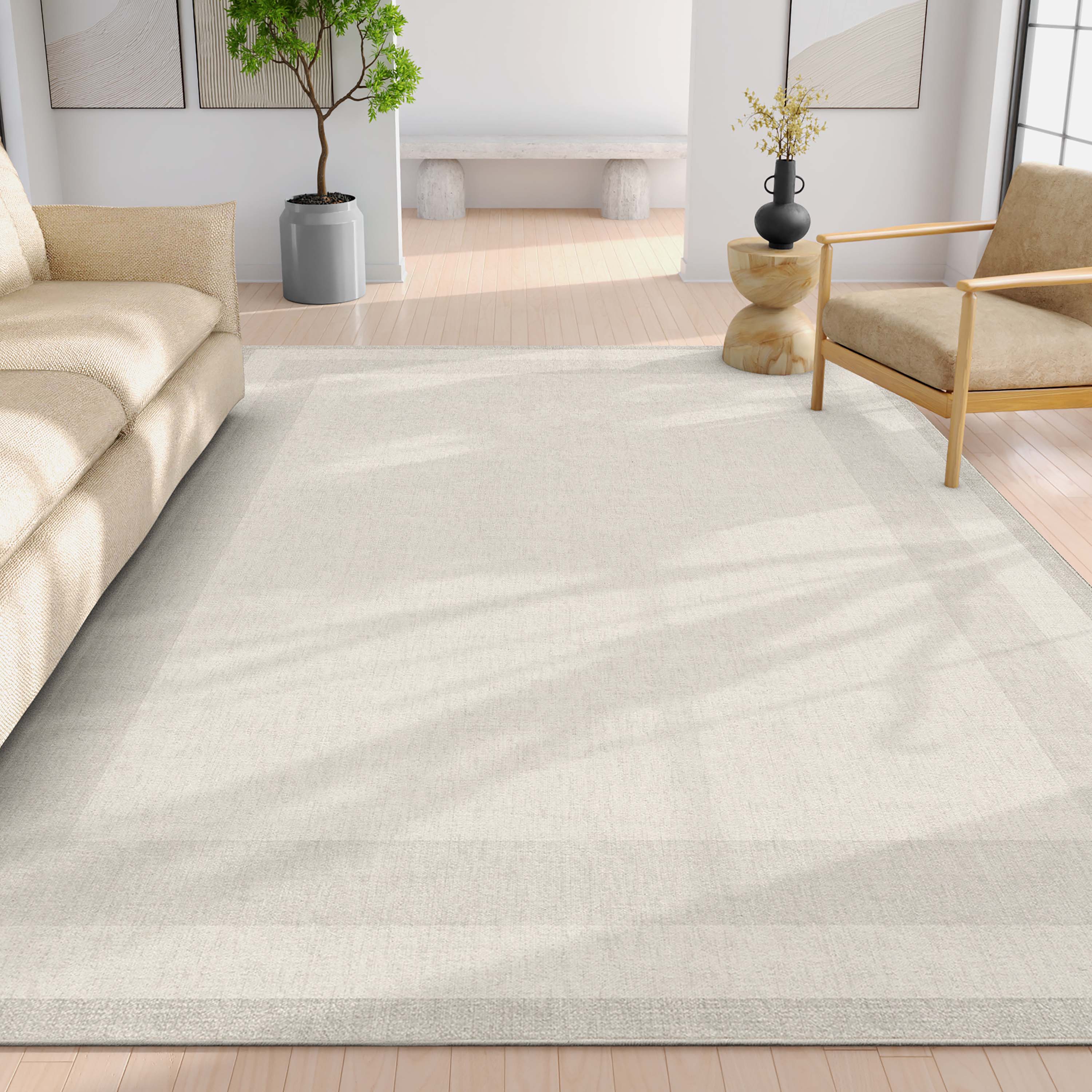 Well Woven Modern Plain Border Cream Flat Pile Easy to Clean 7'7" x 9'10" Area Rug for Living Room Dining Room Bedroom and Kitchen