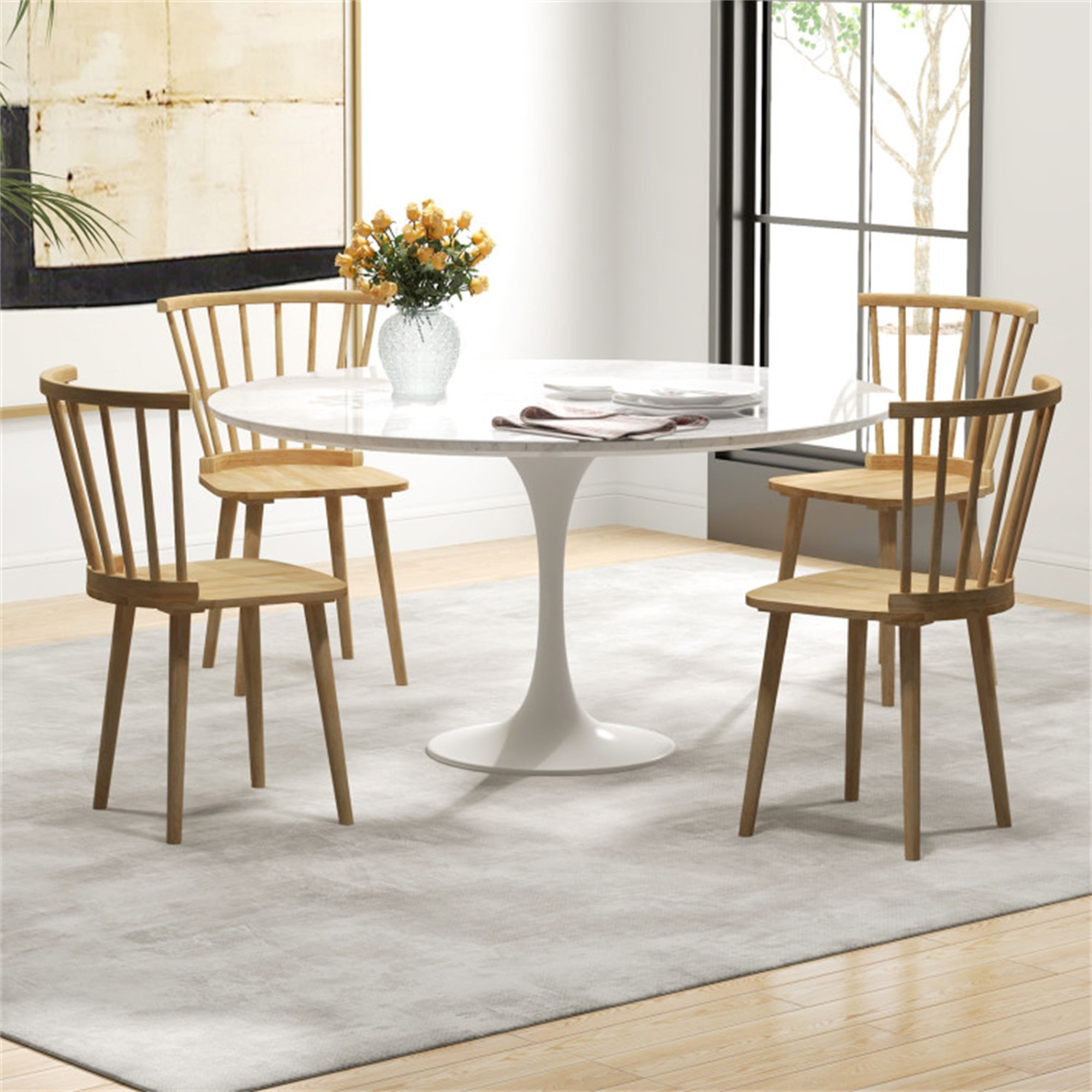 Demi Bonn Windsor Dining Chairs Set of 2 Rubber Wood Kitchen Chairs with Spindle Back, Beige