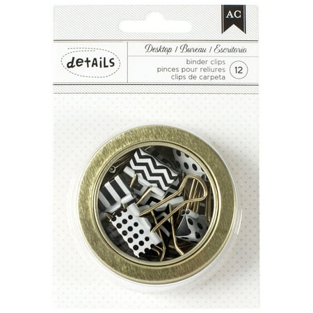American Crafts Magnetic Office Tins 2.5-Gold/Black/White Binder Clips 12/Pk,PK3