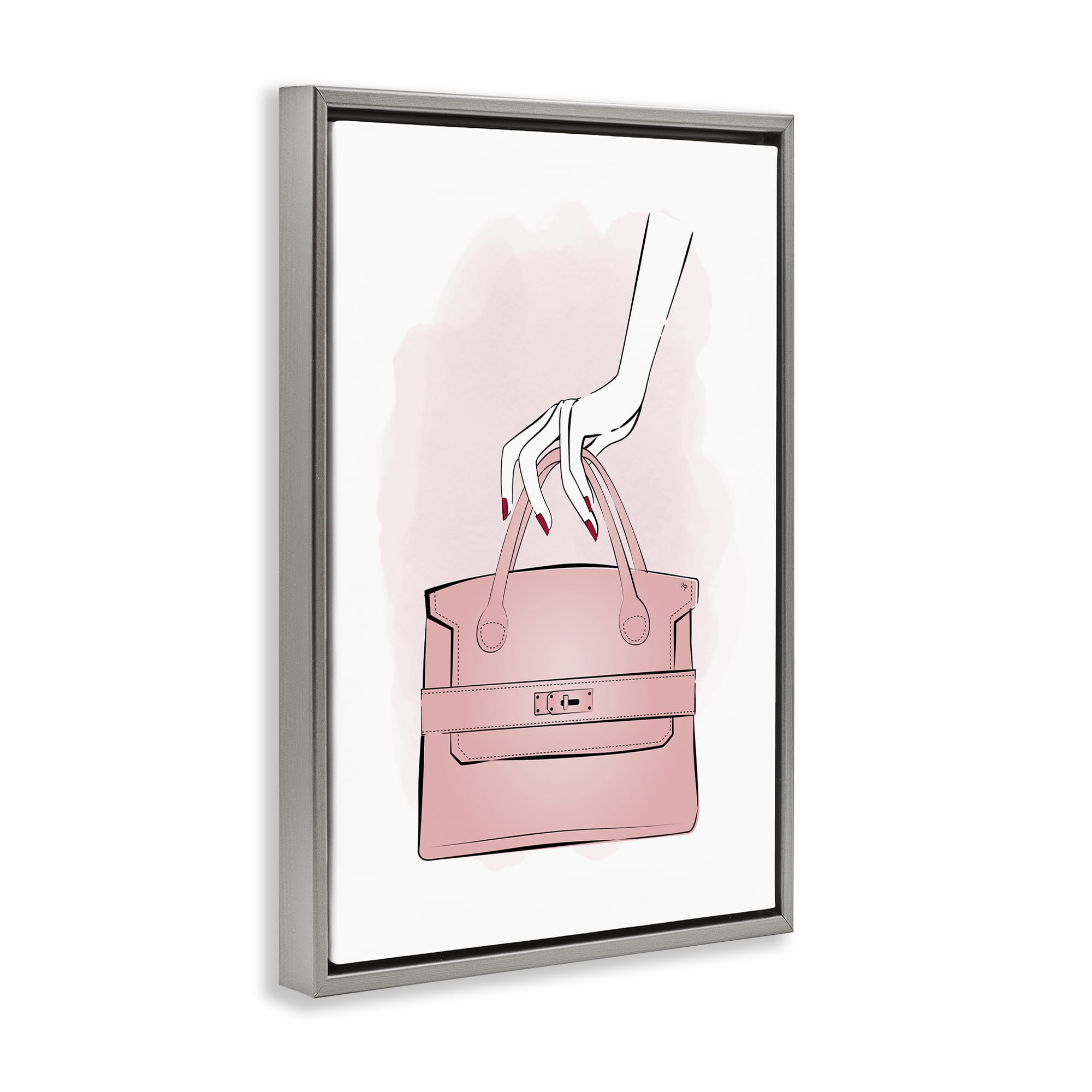 Stupell Industries Holding Pink Purse Beauty & Fashion Painting Gray Floater Framed Art Print Wall Art, 17 x 25
