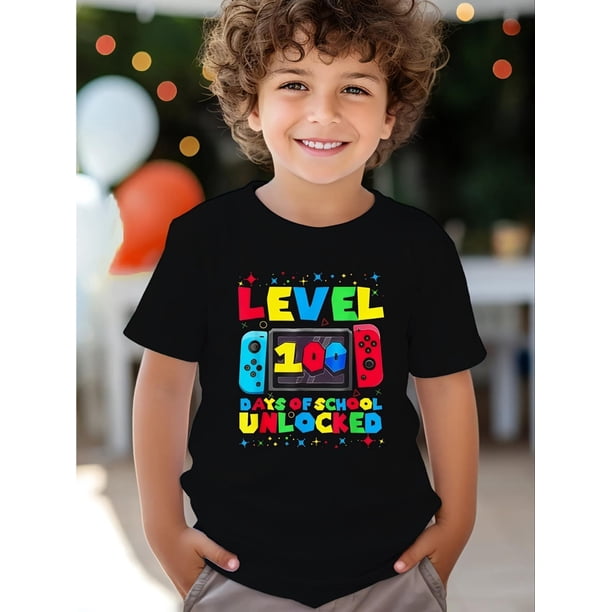 Breathable Cotton Graphic T-Shirt - Youngsters' Gaming Console | Casual Short-Sleeve Tee for Boys & Girls, "LEVEL 100 OF SCHOOL UNlocked" Design, Perfect for Summer Play & School Celebrations