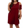 thumbnail image 2 of LWavelet Women's Plus Size Cold Shoulder Dress Short Sleeve Round Neck Casual Loose T-Shirt Dress with Pockets Red 5XL, 2 of 5