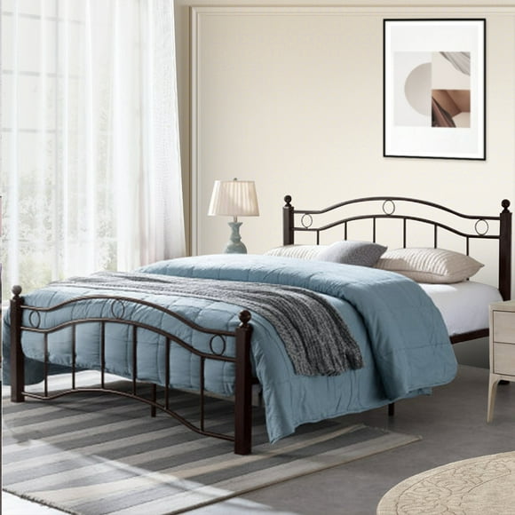 King-Size-Bed-Frame-with-Headboard-Platform Metal Bed Frame with Pattern Design No Box Spring Needed(Copper)