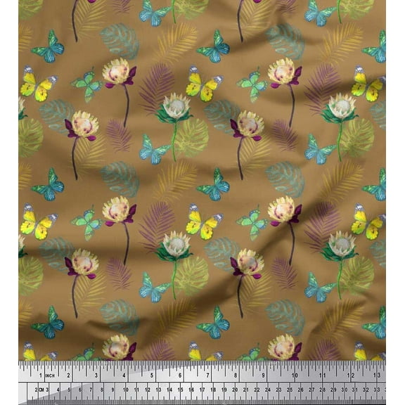Soimoi Poly Georgette Fabric Tropical Leaves,Floral & Butterfly Decor Fabric Printed Yard 42 Inch Wide