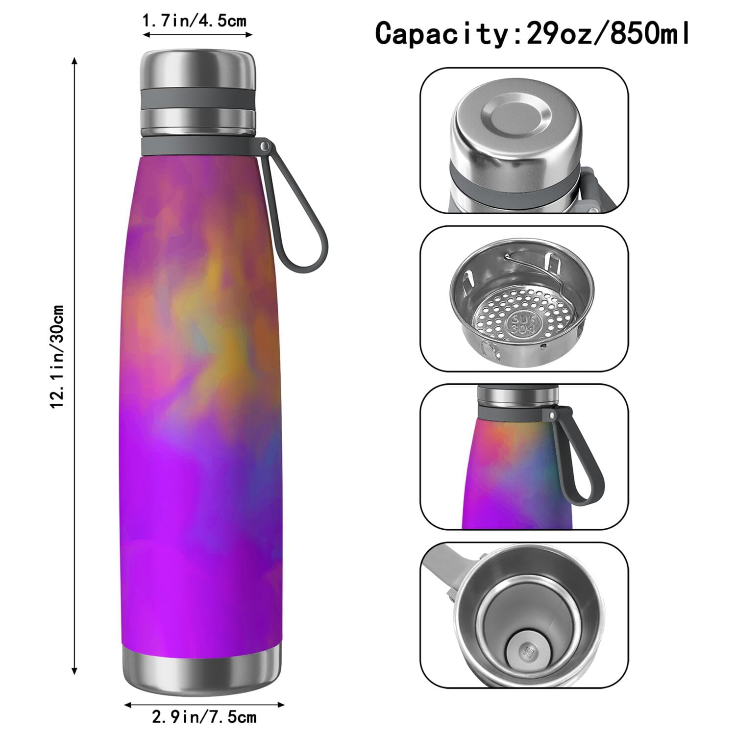 29oz Insulated Water Bottle with Tea Infuser, Stainless Steel Travel Mug, Fluid Smoke Aurora Art Style