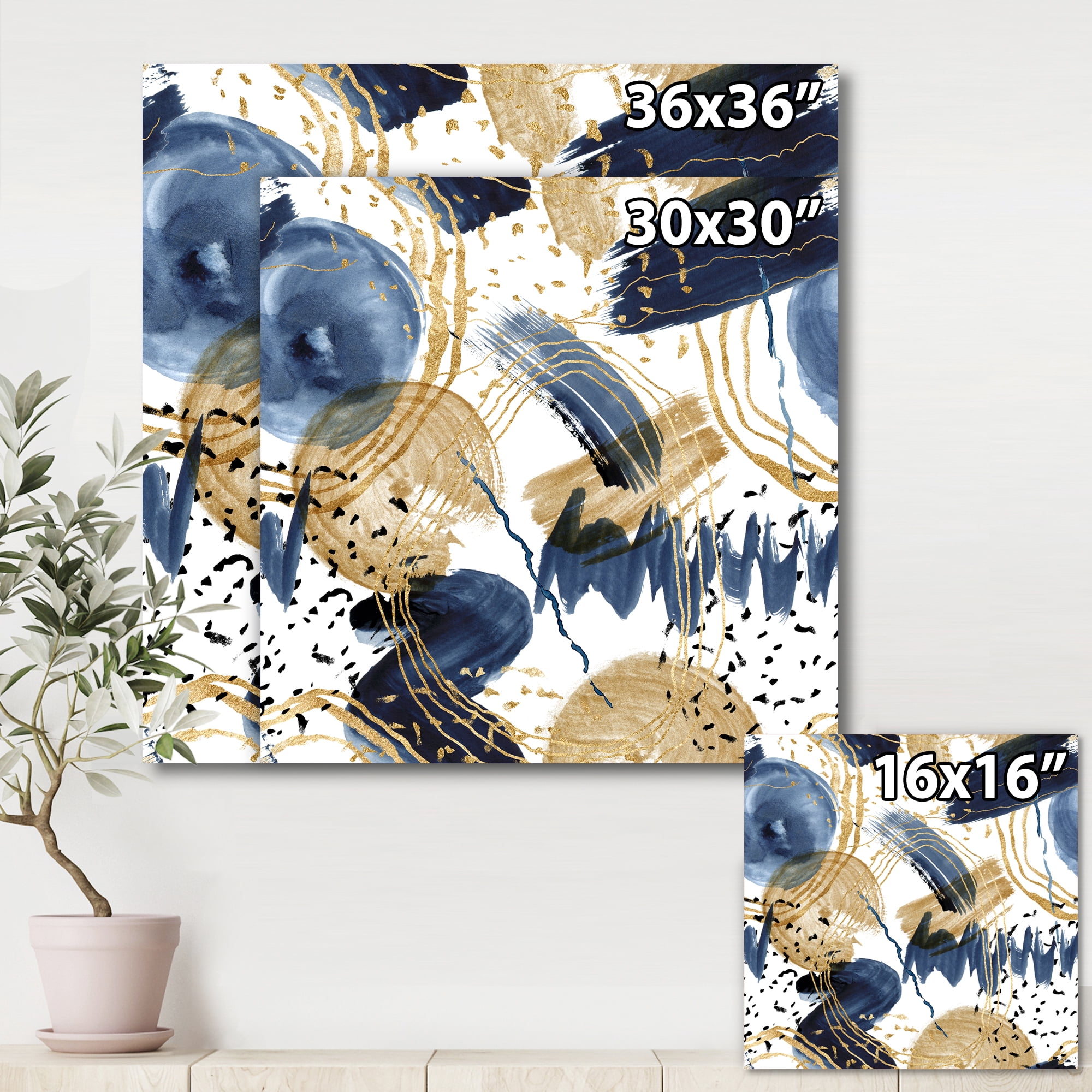 Designart ' Dark Blue & Golden Textures With Abstract Pattern ' Modern Canvas Wall Art Print