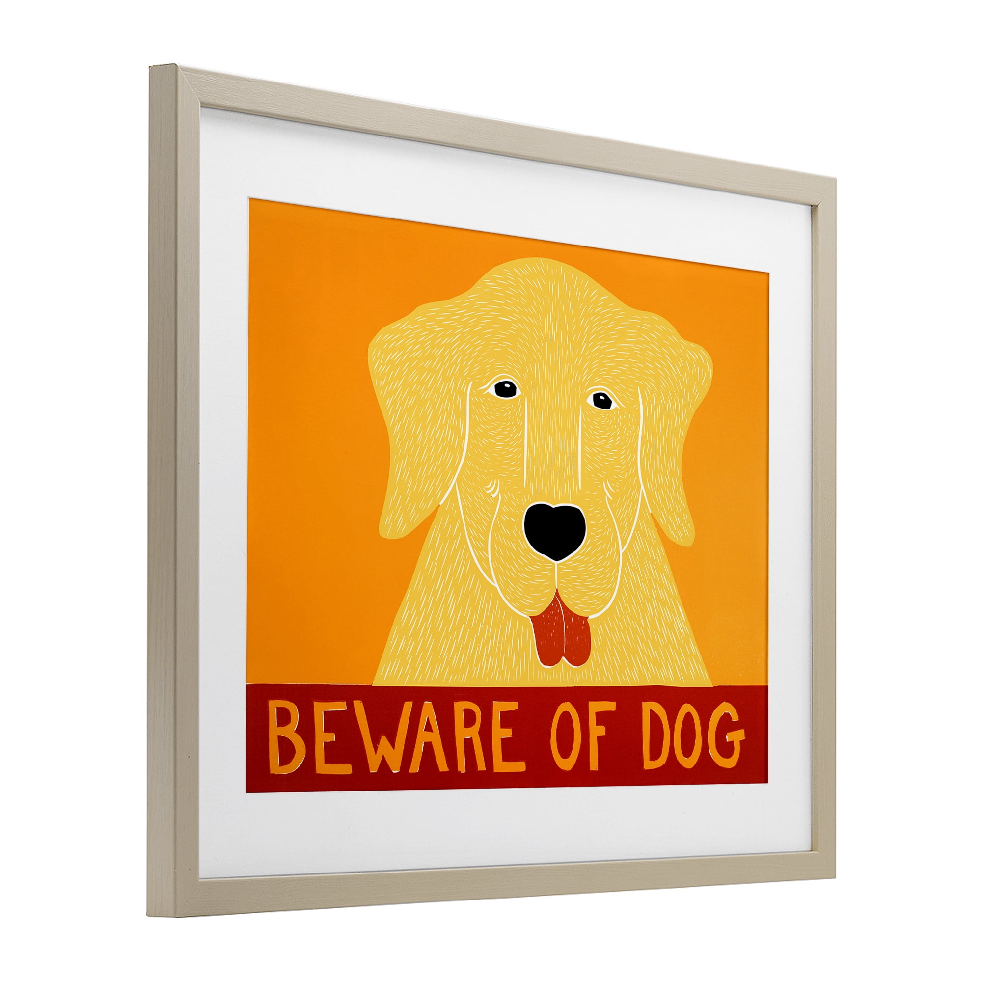 Beware Of Dog Yellow & Red Birch Framed Print Under Glass, design by Stephen Huneck
