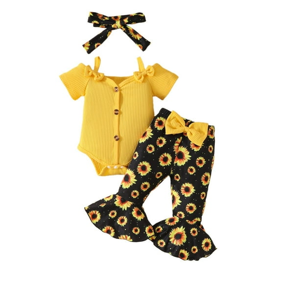 Odeerbi Baby Boys Girls Outfits Cotton Jumpsuit Rib Knit Romper with Floral Flared Pants Set Solid Color Short Sleeve Knitting Crawling Bodysuit Headband Set Toddler Clothes Yellow