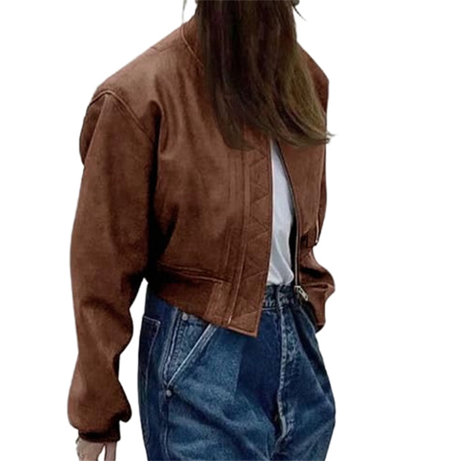 Womens Faux Leather Bomber Jackets Baseball Collar Zip Up Cropped Biker Coat with Pockets
