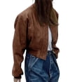thumbnail image 4 of Womens Faux Leather Bomber Jackets Baseball Collar Zip Up Cropped Biker Coat with Pockets, 4 of 7