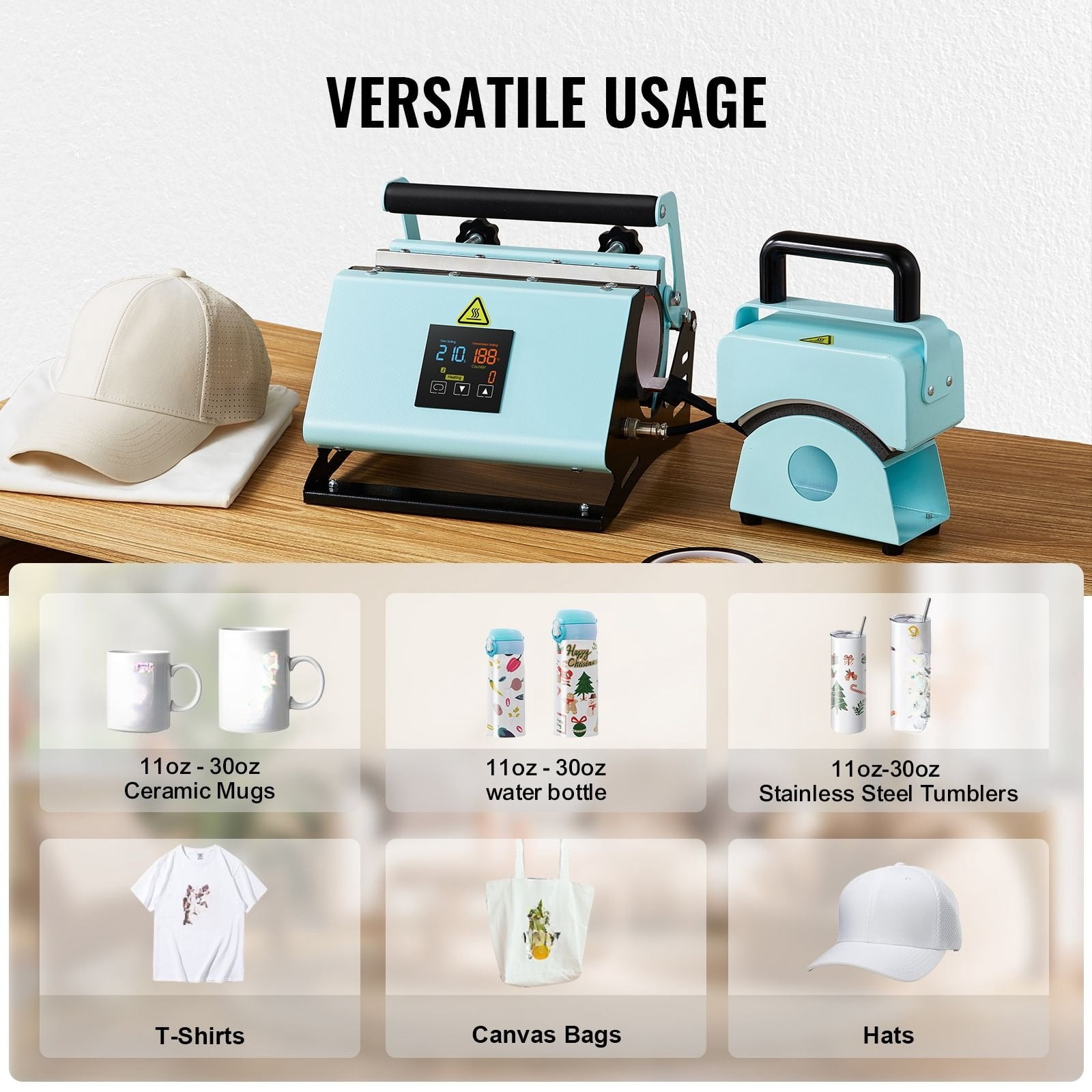 2-In-1 hat hot press and cup press, mini cap press for hats/hats, 11-30oz sublimation roller press, digital temperature and time control, green