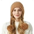 thumbnail image 2 of Women Winter Sherpa Beanie Hats Knit Ear Flaps Peruvian Cover Ears Fleece Lined Fluffy Ski Snow Hat 3 Pompoms, 2 of 5