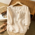 thumbnail image 4 of KALE Linen Shirts for Women 3/4 Sleeve Lace Embroidery Tunic Blouse Summer Lightweight Loose Hem Chiffon Tops V Neck T Shirts Beige, 4 of 6