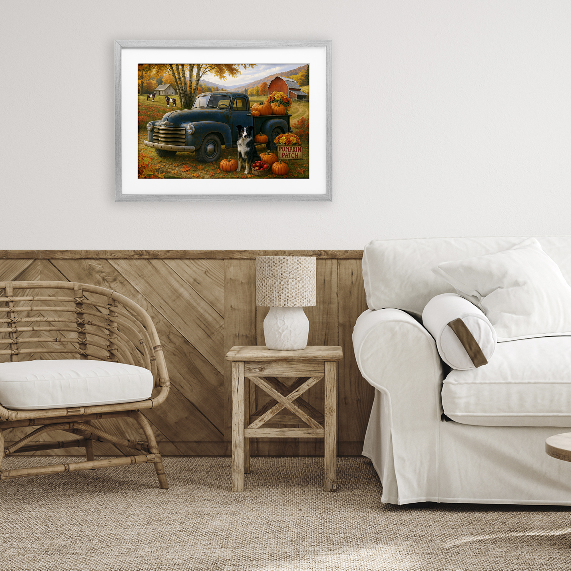 Autumnal Farmland Collie Dog Gray Framed Print Under Glass, design by Tom Crehan