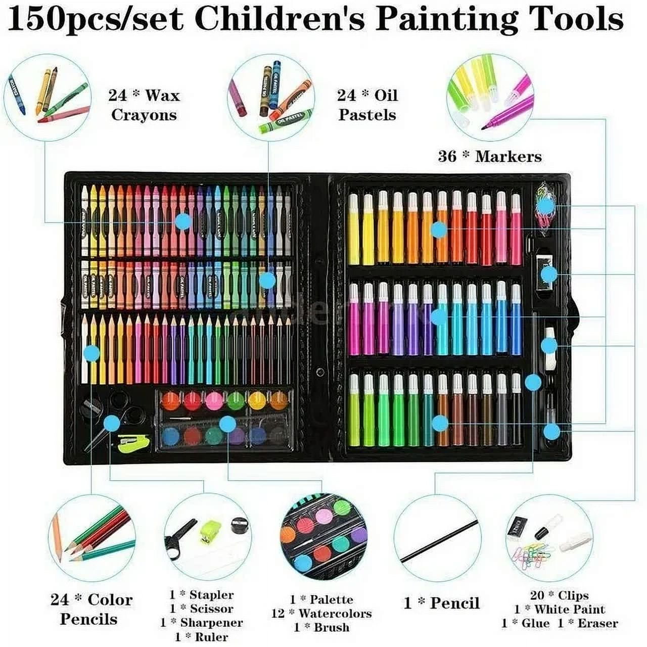 150 Pieces Kids Art Kit, Deluxe Artist Drawing & Painting Set, Art Supplies for Drawing,Portable Case with Oil Pastels, Crayons, Colored Pencils, Markers, Christmas New Year Gift for Kids ,Black