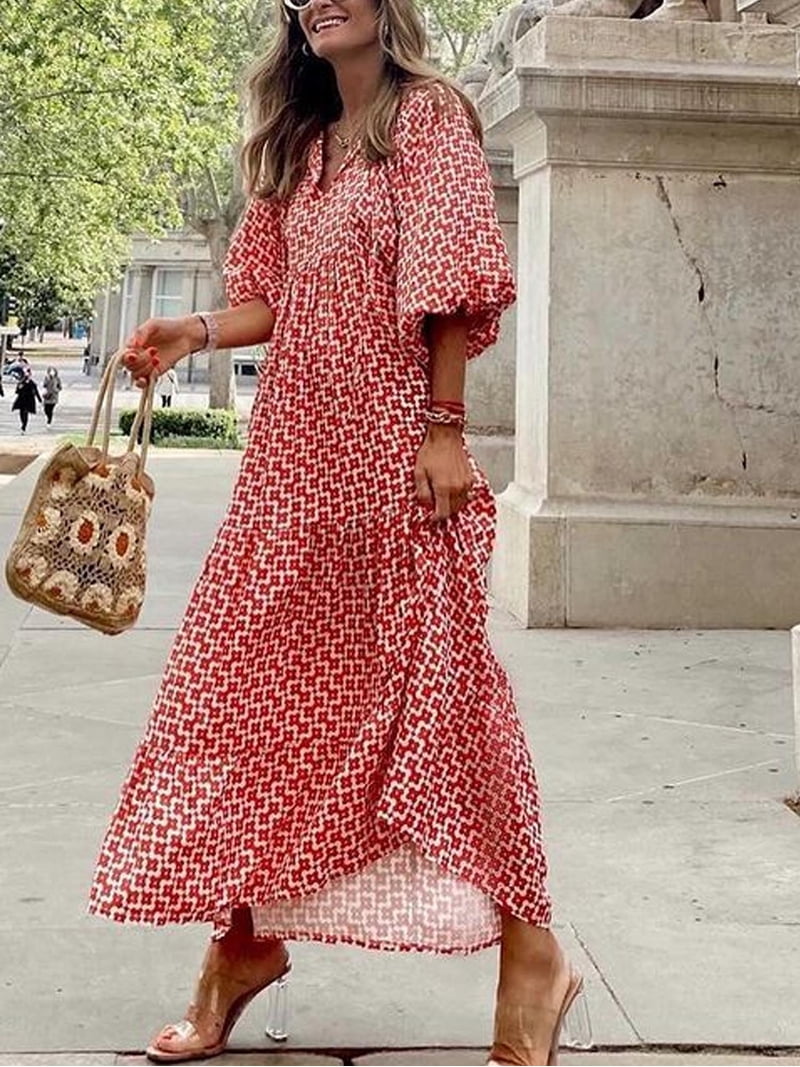 Women's Short Puff Sleeve V Neck Maxi Dress, Summer Boho Floral Printed  Sundress - Walmart.com