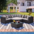thumbnail image 2 of EUROCO 7 piece Patio Sectional Sofa Set, Rattan Sofa Lounger with Colorful Pillows, Outdoor Furniture Set with Coffee Table, Conversation Chat Sofa Modern Seating Set, Brown Wicker, Gray Cushion, 2 of 8