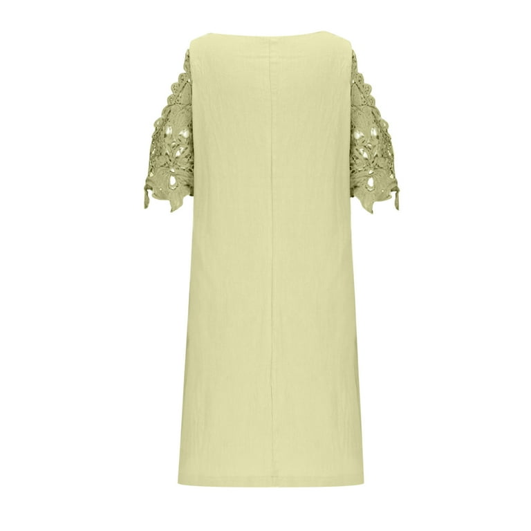 linen dresses 2023 Cotton Linen Dresses for Women,2023 Spring Summer Casual Loose 3/4 Sleeve  Midi Dress,Trendy Elegant Plain Beach Dress