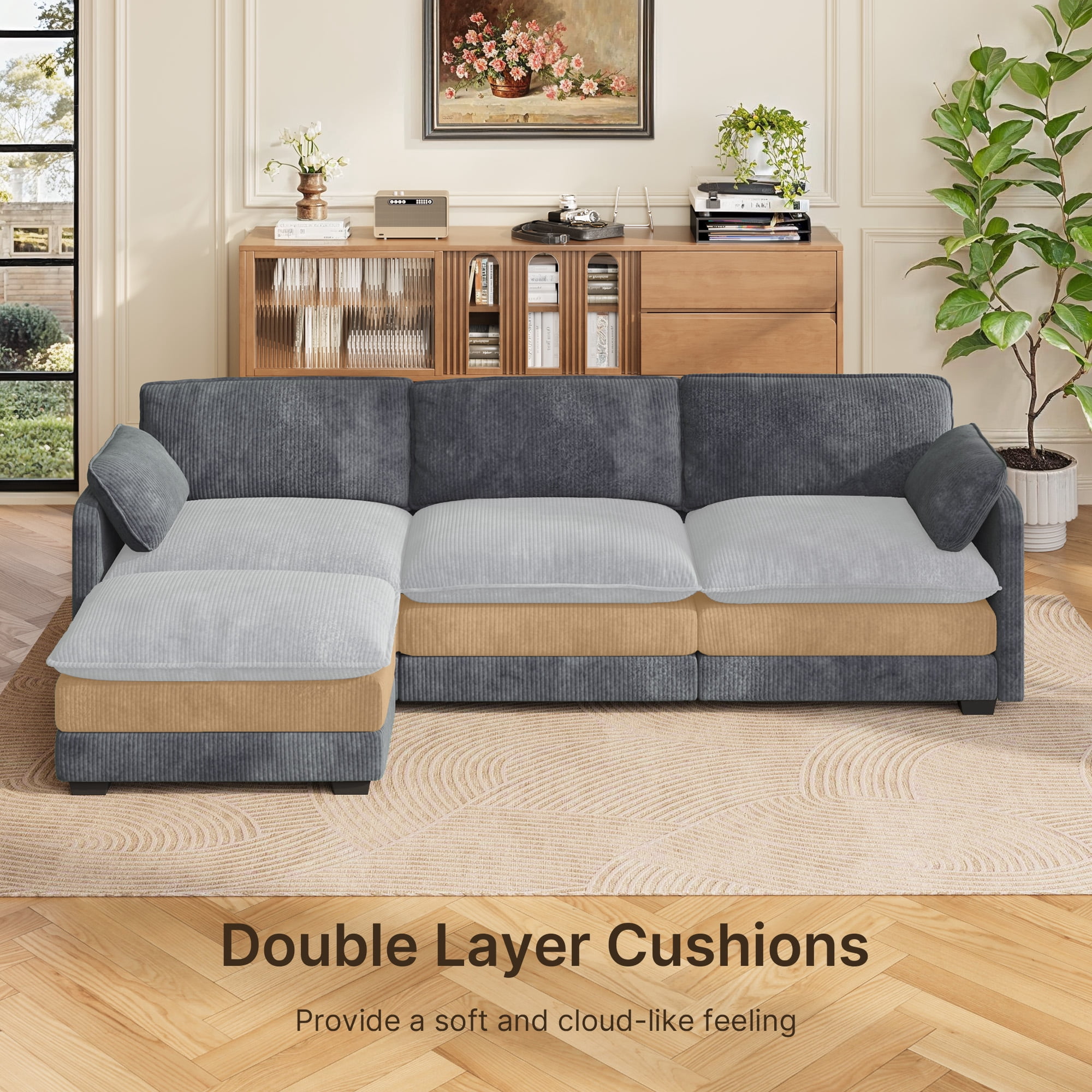 Lofka Modular Sectional Sofa Bed with Double Layer Cushions and Movable Ottoman, Modern Comfy Cloud Couch for Living Room, DIY Combination, Dark Gray