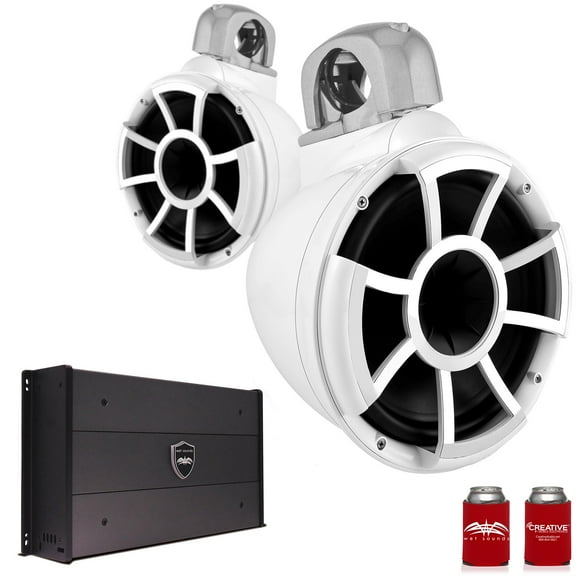 Wet Sounds REV10W-FC-SA 10" White Tower Speakers with Silver Aluminum Fixed Clamps & SYN-DX2.3 1200 Watt Amplifier