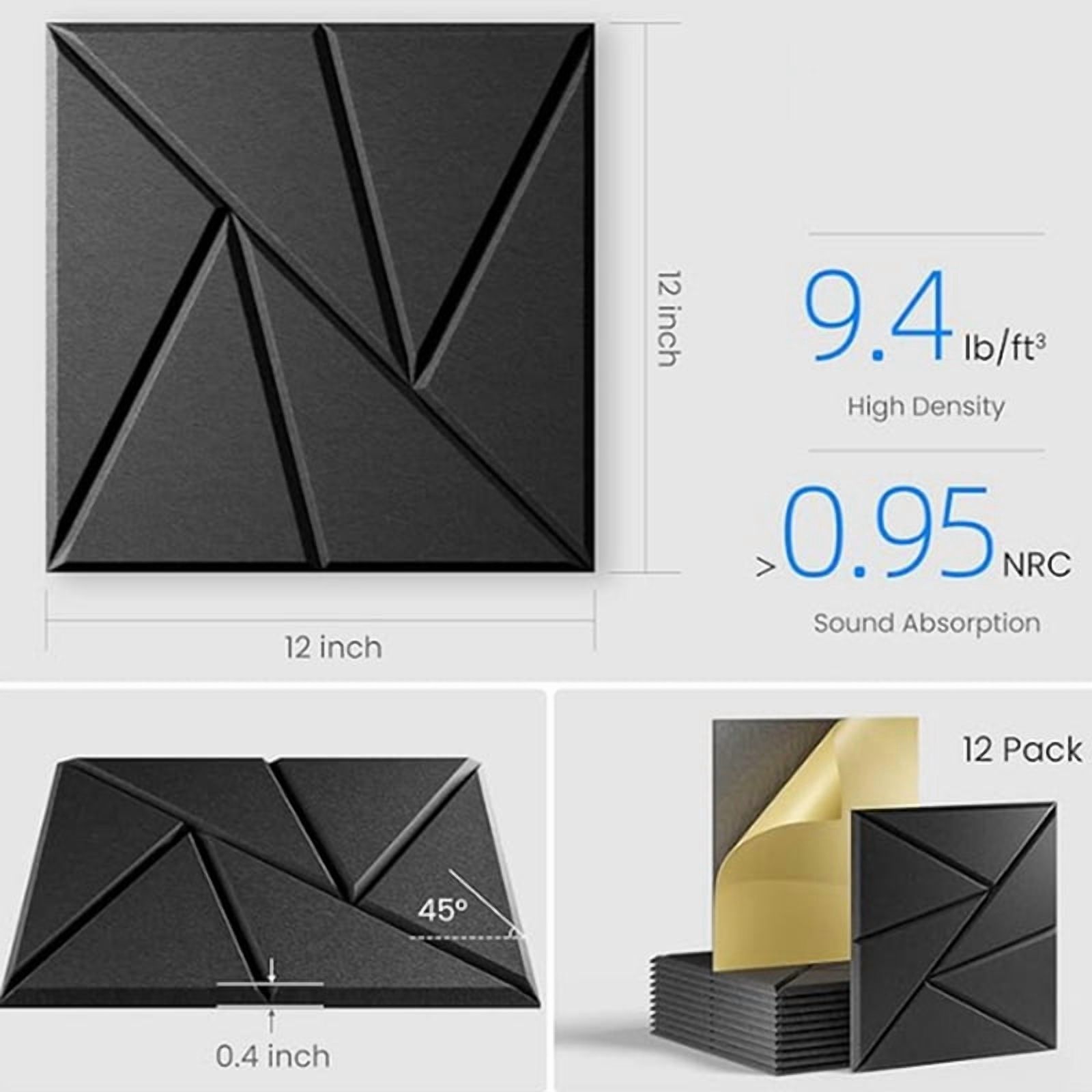 12 Pack Self Adhesive Acoustic Panels 11.8inch X 11.8inch Sound Proof Foam Panels (Black)