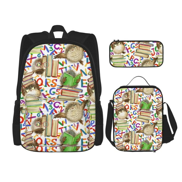 Easygdp Owl Back To School Mochila para Niños y Niñas con Set de Caja de Almuerzo y Estuche para Lápices 3 en 1, Mochila Escolar Estampada para Adolescentes