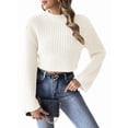 thumbnail image 3 of Women'S Cropped Sweater Knit Long Sleeve Crewneck Soft Pullover Sweater Top White M, 3 of 8
