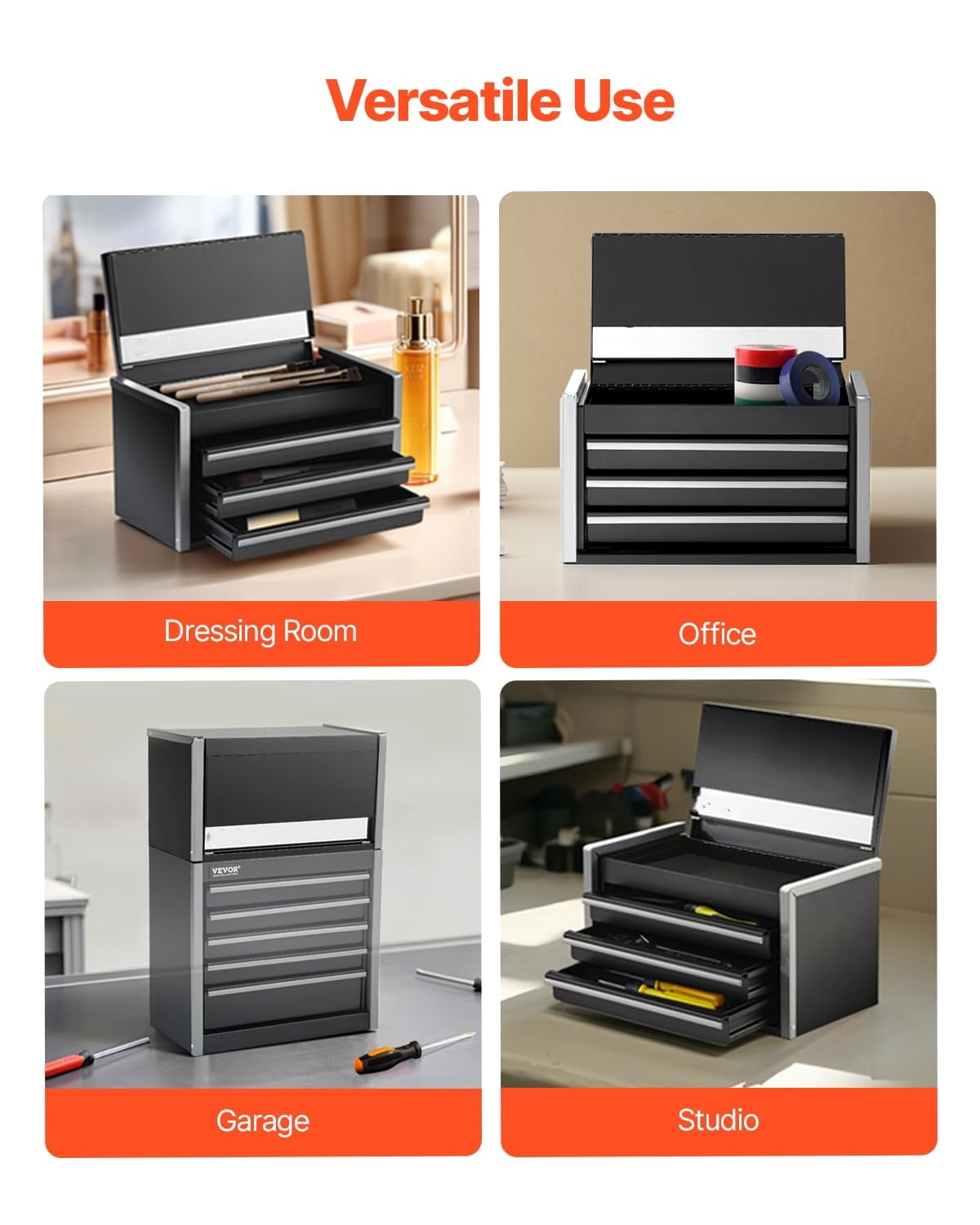 Metal Tool Box, 8.6-inch, Portable Metal Tool Box with 3 Drawers, Small Tool Chest with EVA Liners and PP Feet Pads, Heavy-Duty Steel With Ball Bearing Opening and Powder Coated Finish, Black
