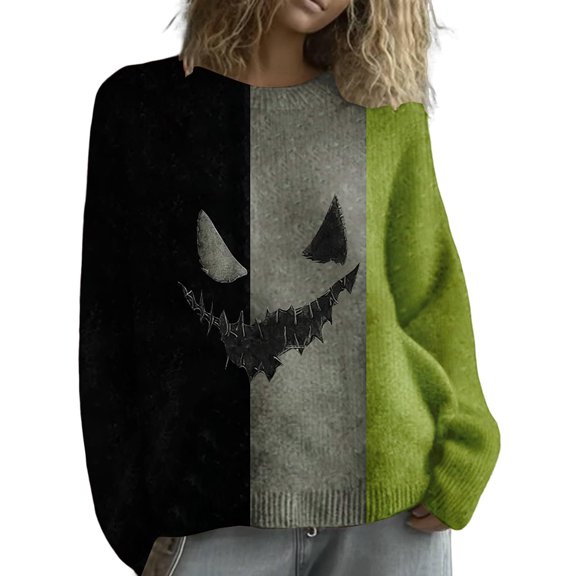 Gunia Womens Pumpkin Sweaters Retro Knit Tops Pullover Fall Winter Sweater Cozy Funny Graphic Casual Crewneck Green Trendy Halloween Sweater,Size S-Xl