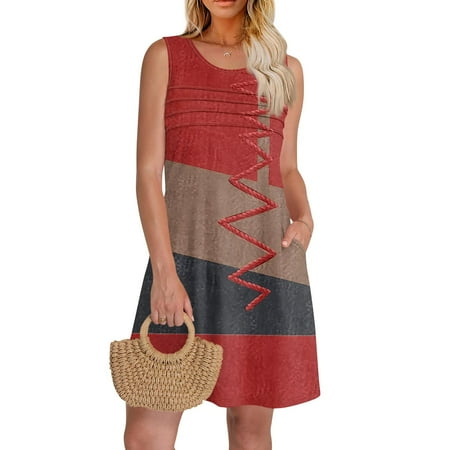 GXIPO Petite Summer Dresses for Women Vacation Sleeveless Boho Swimsuit Coverup Pleated Front A Line Sundresses with Pockets Deep Red M